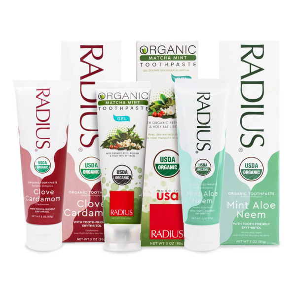 RADIUS USDA Organic Toothpaste in Mint Cardamom, Matcha Mint and Mint Aloe Neem Flavor