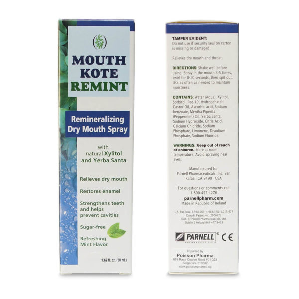 Mouth Kote Remint Remineralizing Dry Mouth Spray box labels