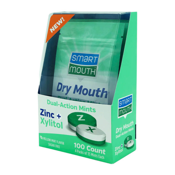 SmartMouth Dry Mouth Dual Action Mints left side packaging