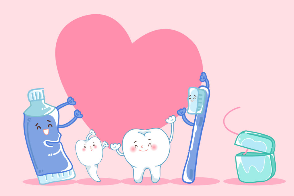 cute cartoon tooth hold heart with floss and toothpaste