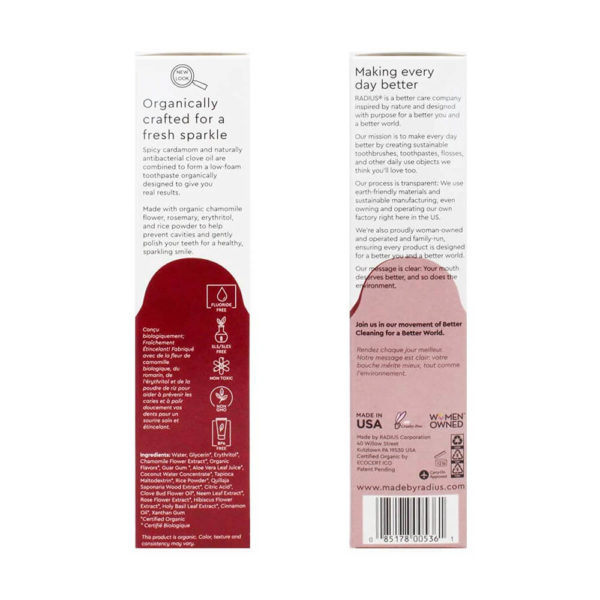 RADIUS USDA Organic Clove Cardamom Toothpaste box side labels