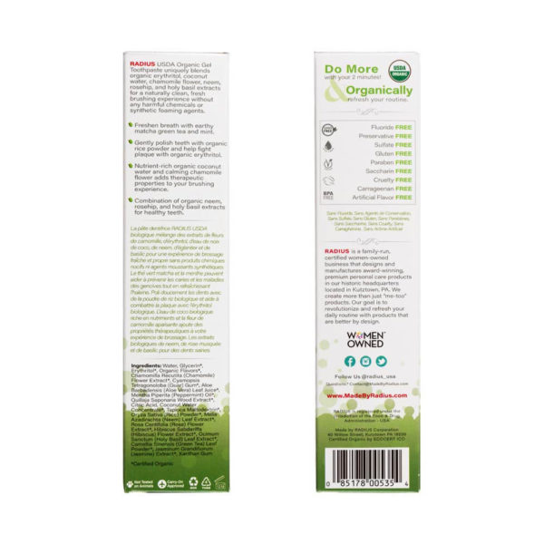 RADIUS USDA Organic Matcha Mint Toothpaste box side labels