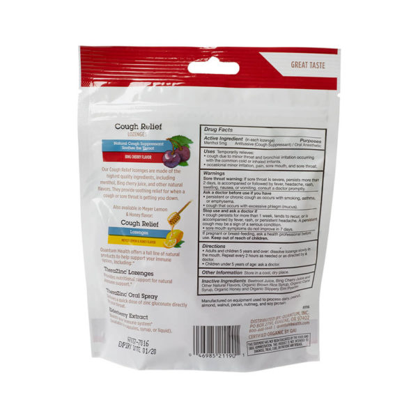 Quantum Health Organic Cough Relief Lozenges Bing Cherry ingredients and information