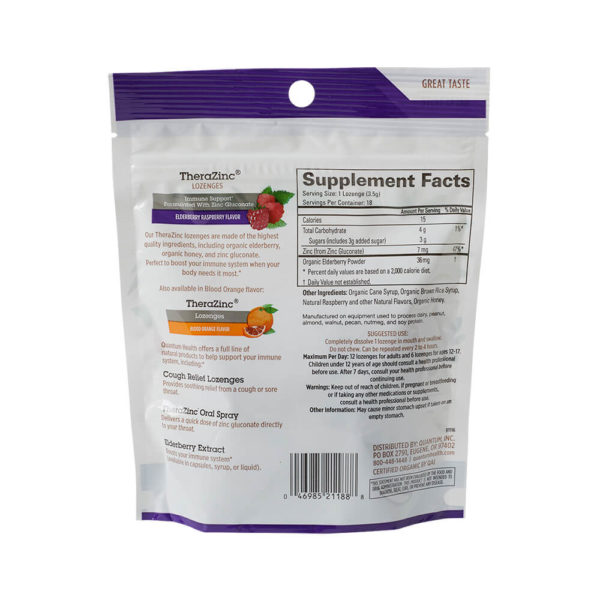 Quantum Health TheraZinc Lozenges Elderberry Raspberry Flavor Supplement Facts